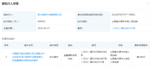 快讯:辰兴房地产发展因金融借款合同纠纷被执行699619元